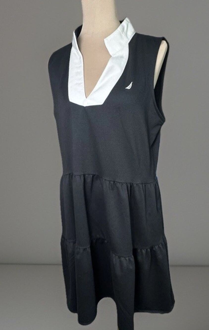 NWT Nautica Jeans Polo Collar Tiered Sleeveless Dress Black White Women’s Large